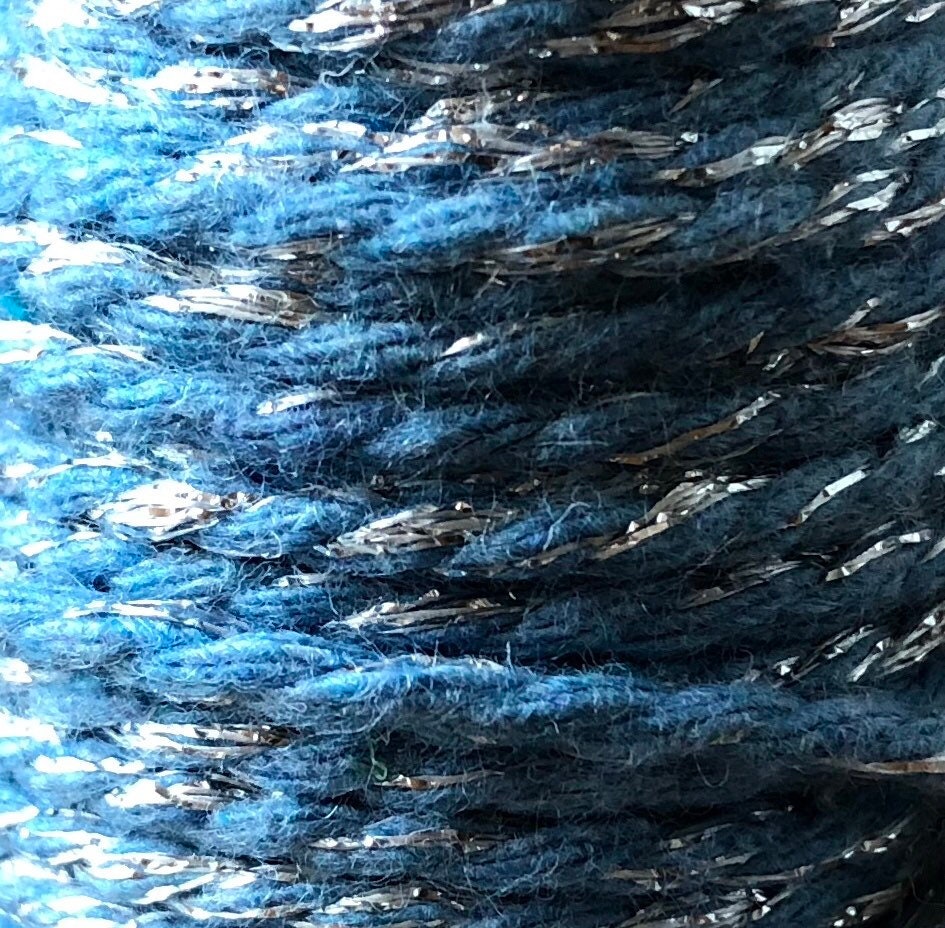 Sky blue and silver glitter twine on wooden spool, view 2