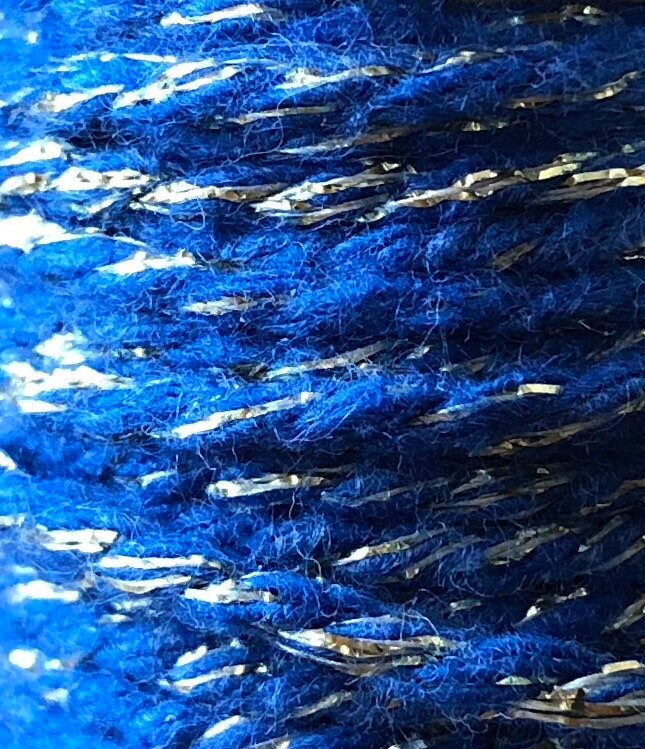 Royal blue and silver glitter twine on wooden spool, view 2