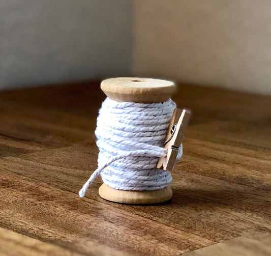 White and silver sparkle twine on wooden spool