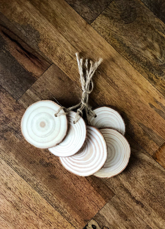 Rustic wood slice gift tags with jute twine