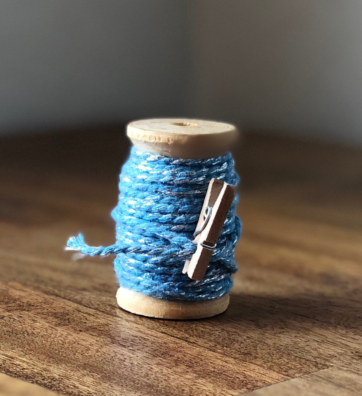 Sky blue and silver glitter twine on wooden spool