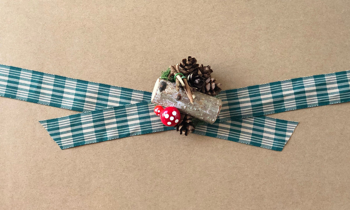 Green and cream glen plaid satin ribbon on wooden spool, view 2
