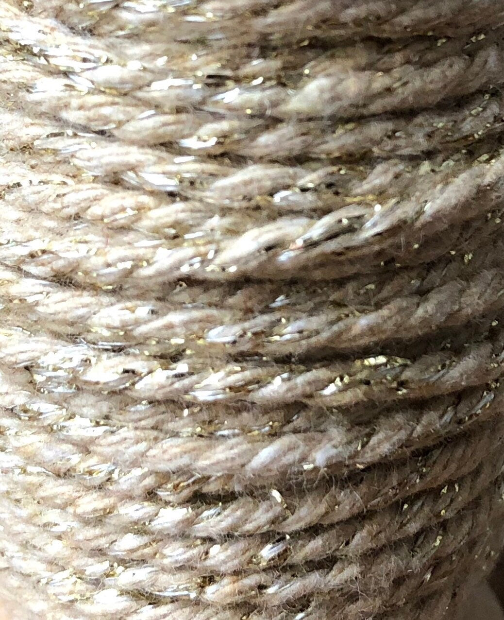 Latte and gold glitter twine on wooden spool, view 2