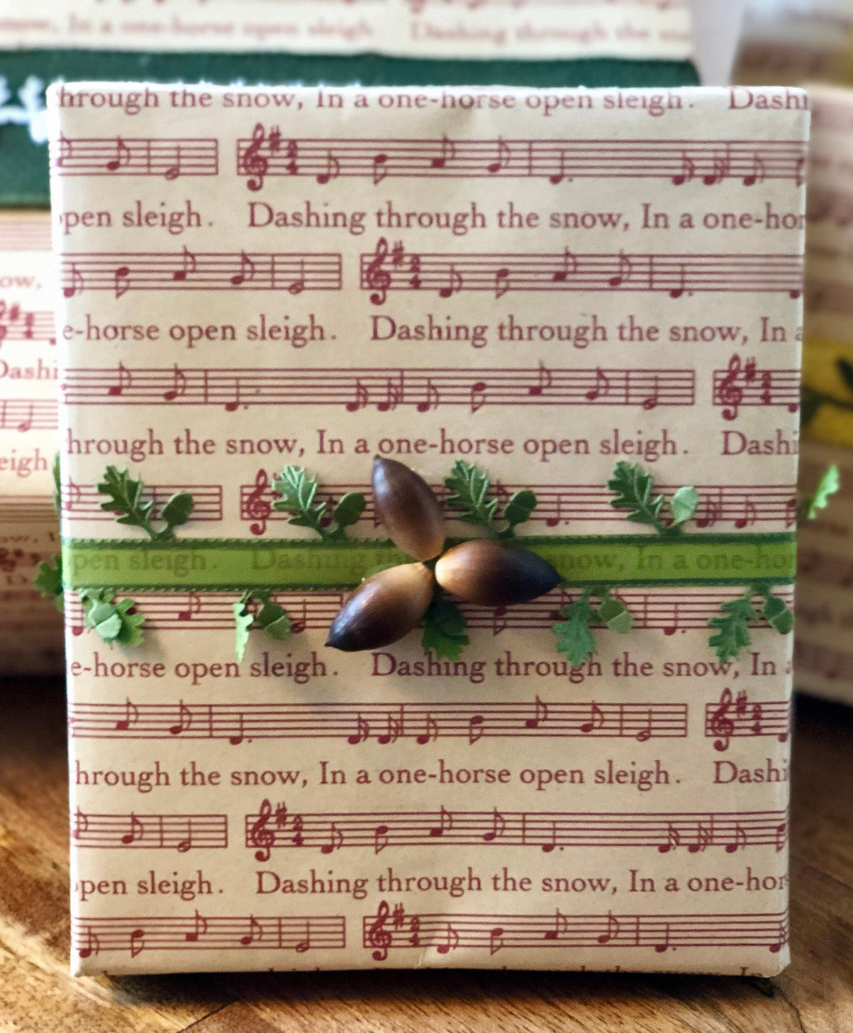 Green Leaf & Acorn Ribbon, Woodland Organza Satin, 15 ft