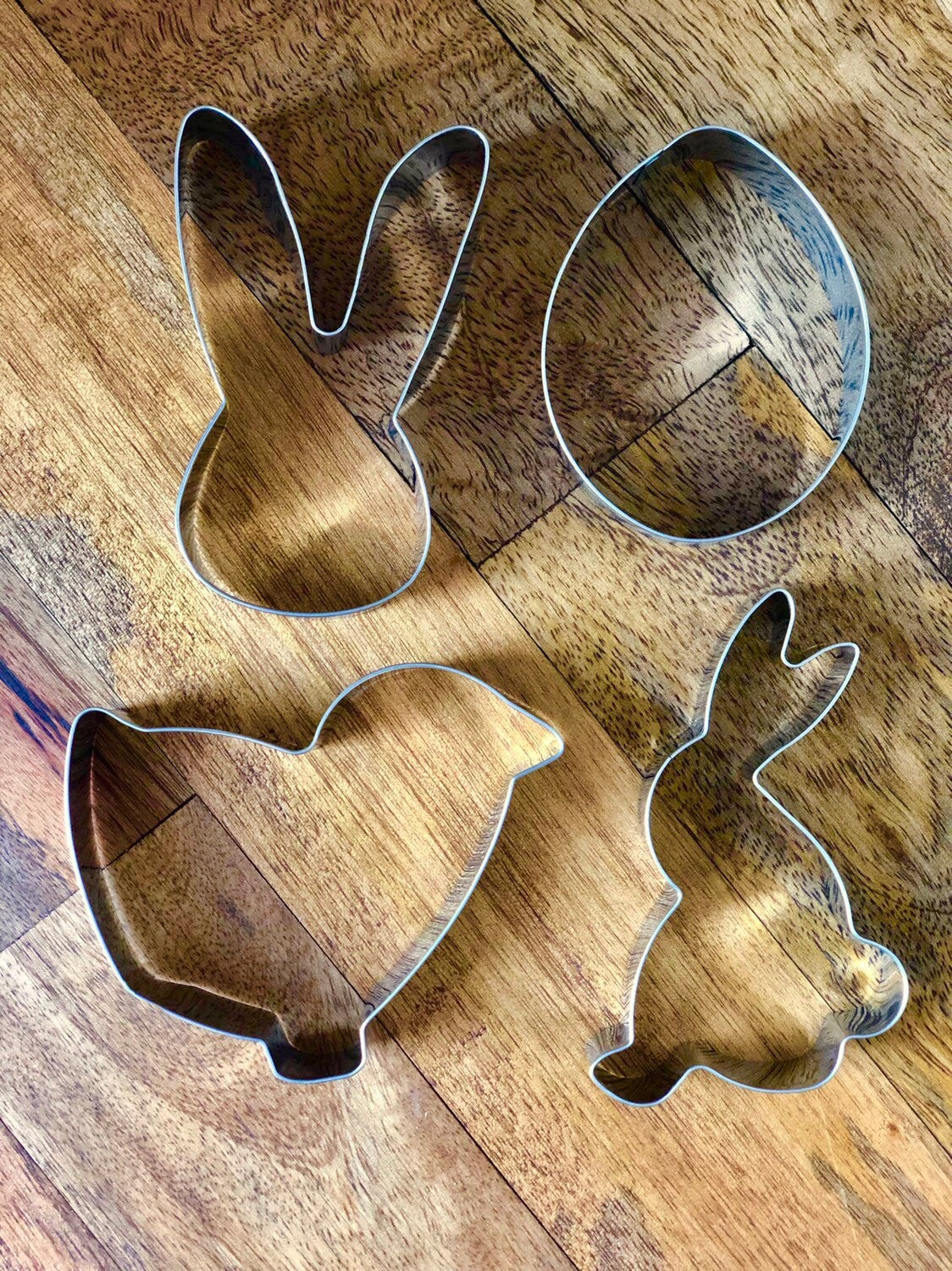 Metal Easter cookie cutters in bunny, egg and chick shapes, view 2