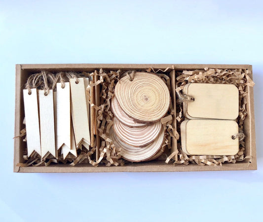 Rustic wood gift tag set with twine in compartment box