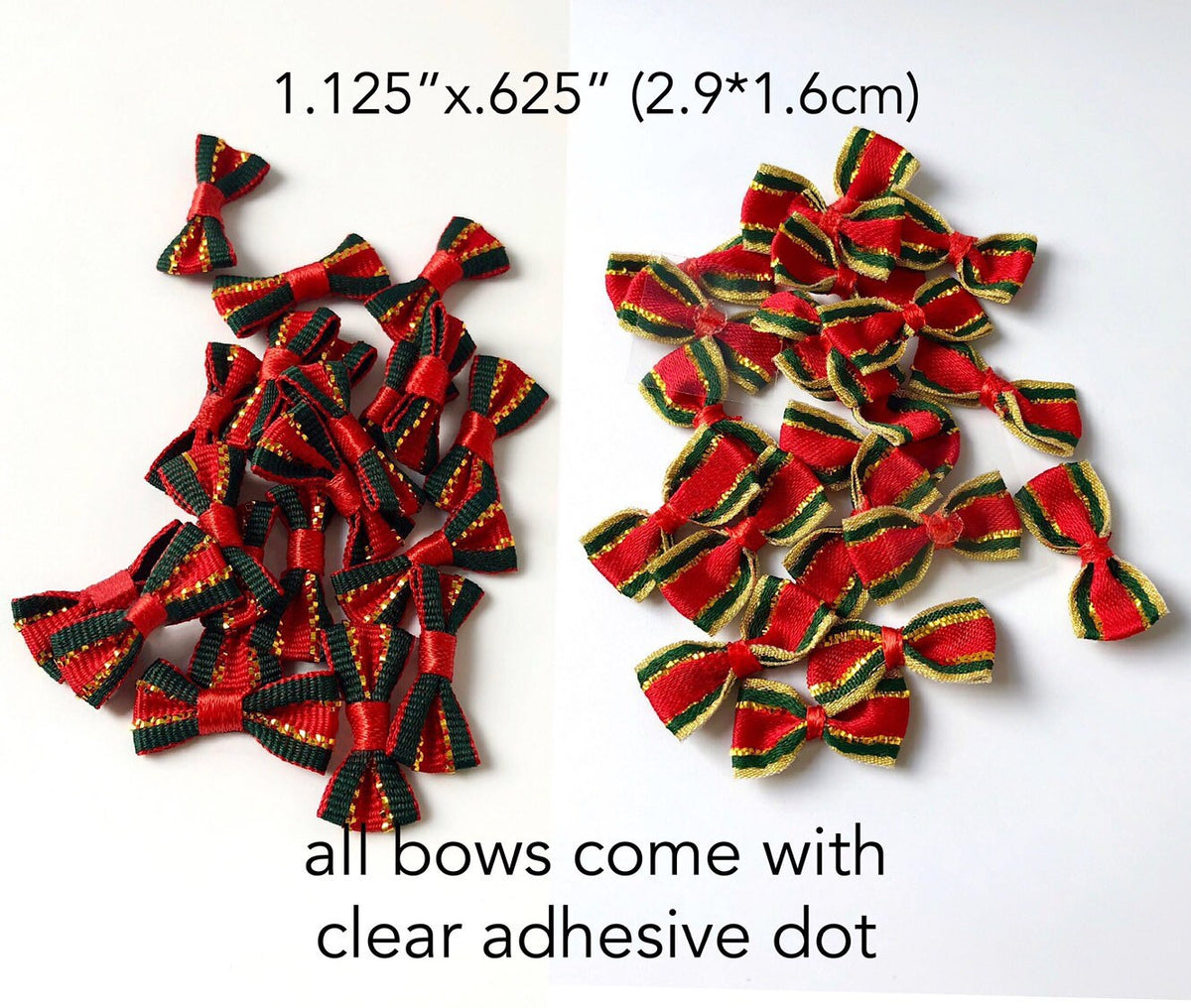 Mini Satin Bows with Adhesive, Red, Green and Gold, Set of 25 or 50