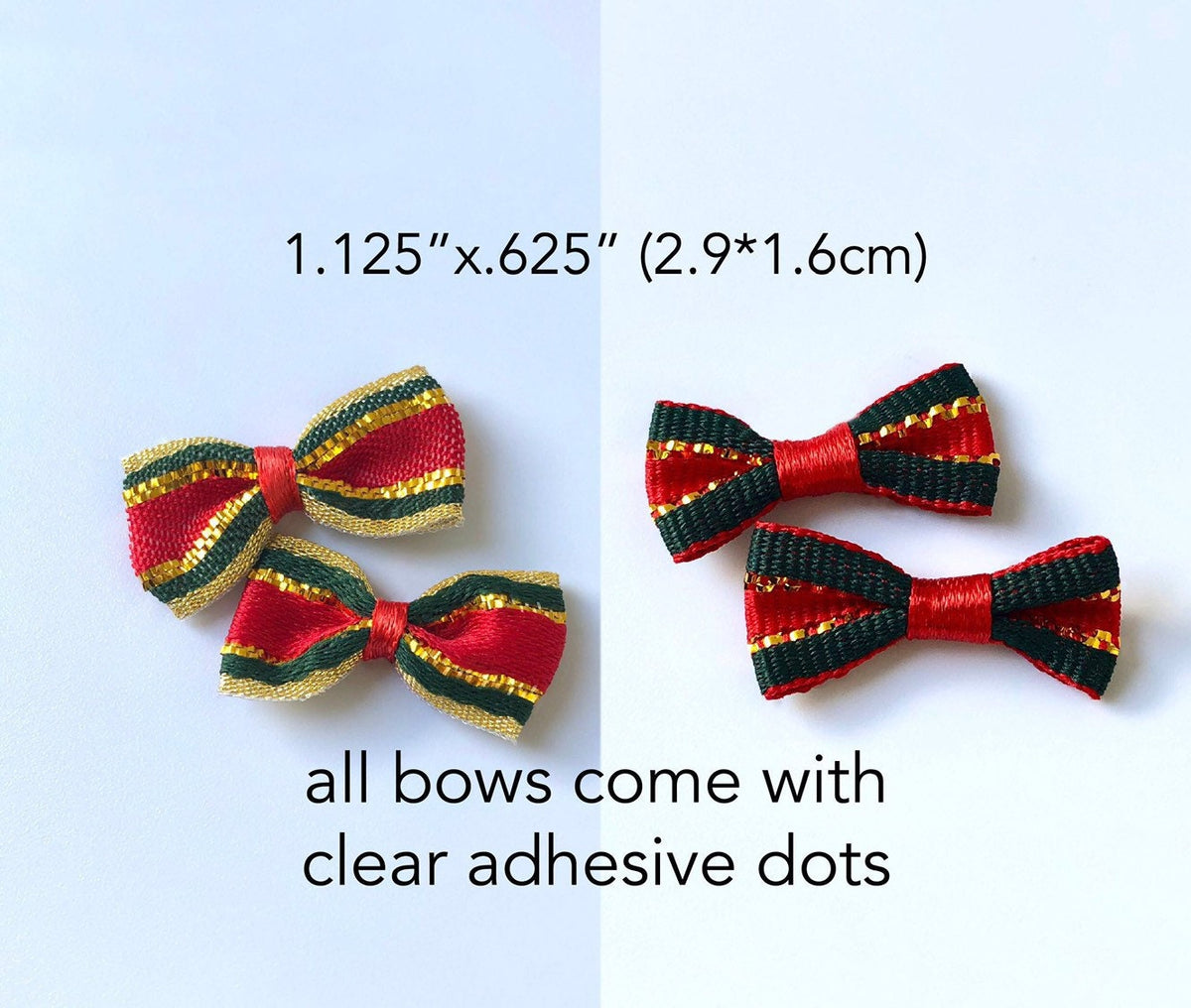 Mini Satin Bows with Adhesive, Red, Green and Gold, Set of 25 or 50