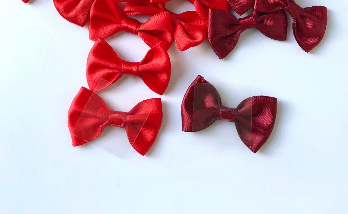 Small red satin gift bows, view 3