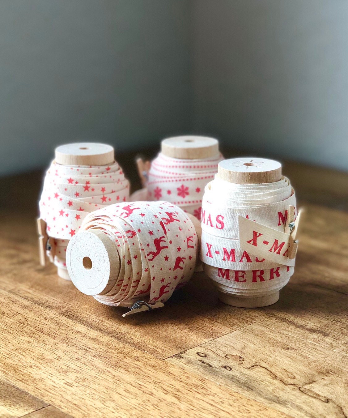 Cotton Christmas ribbon on wood spool