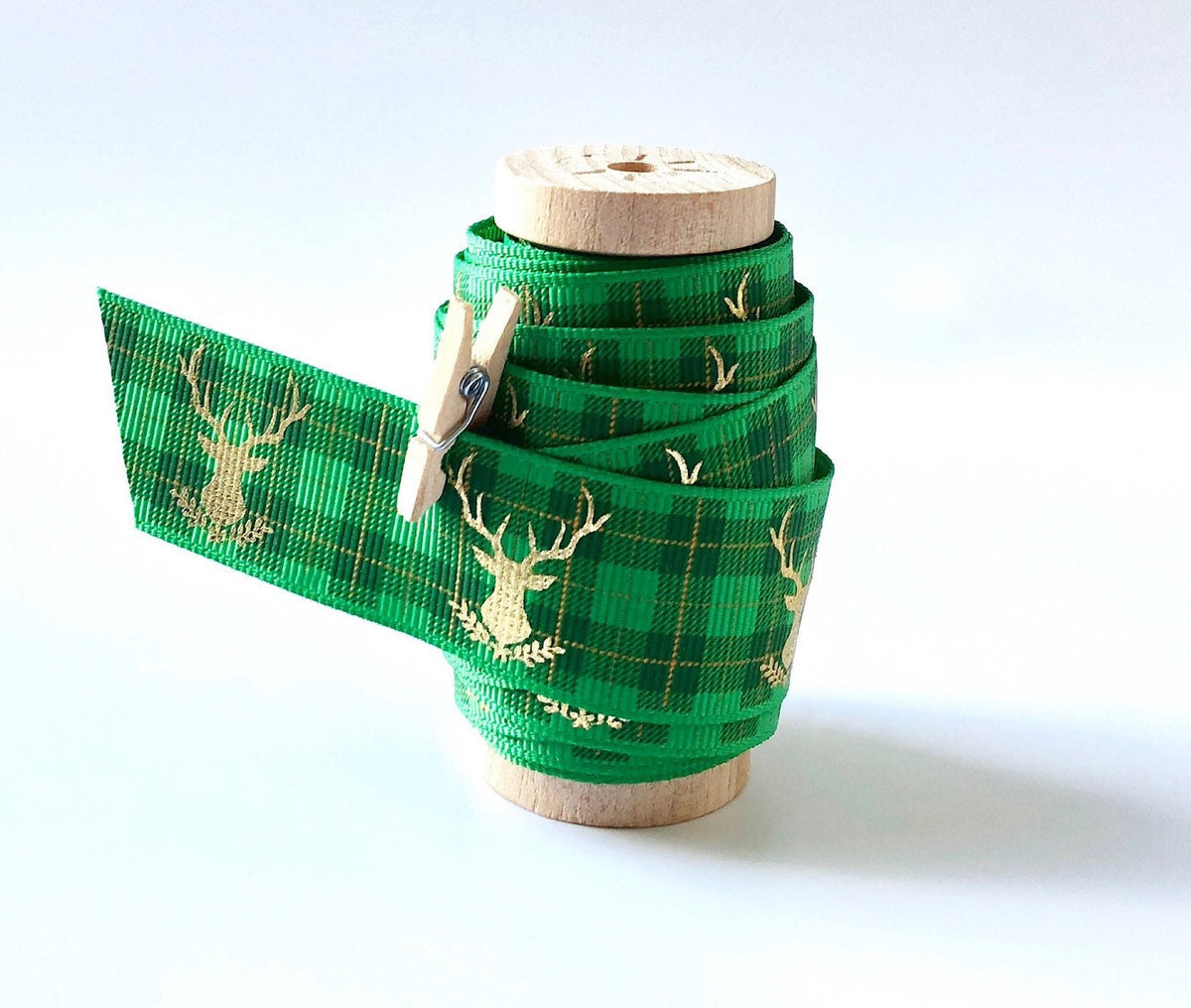 Christmas Green Plaid Grosgrain Ribbon with Gold Reindeer