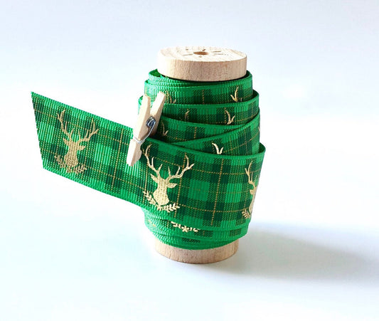Green plaid Christmas grosgrain ribbon with gold reindeer
