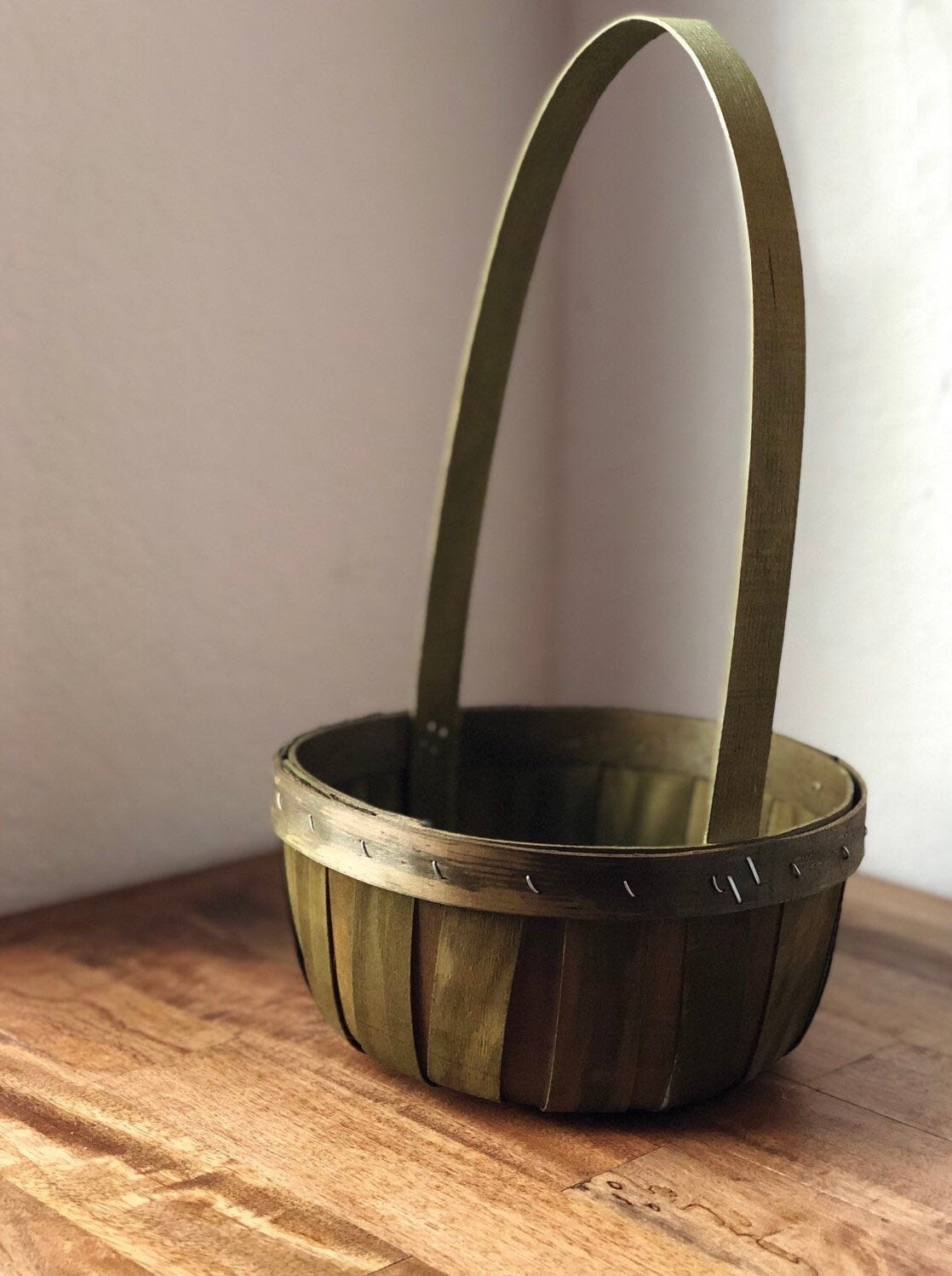 Rustic Wood Easter Basket with Handle, Green Empty Gift Basket