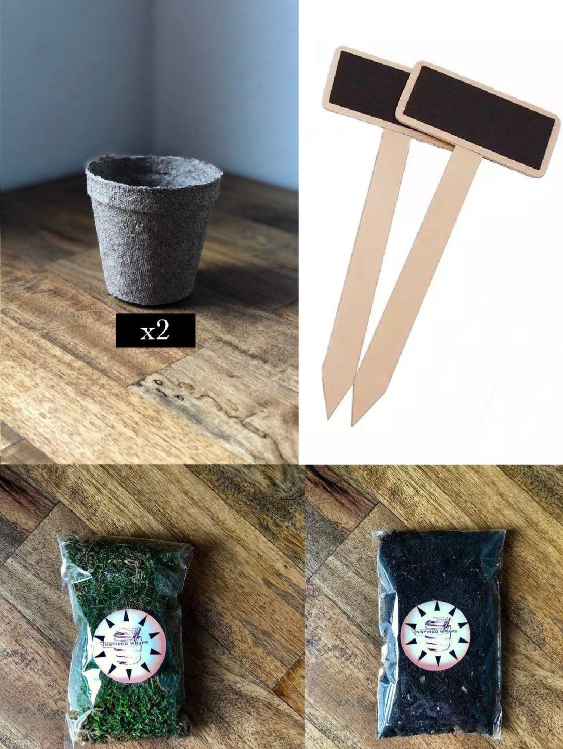 Wooden garden crate with pots, tools and seed packets, view 2
