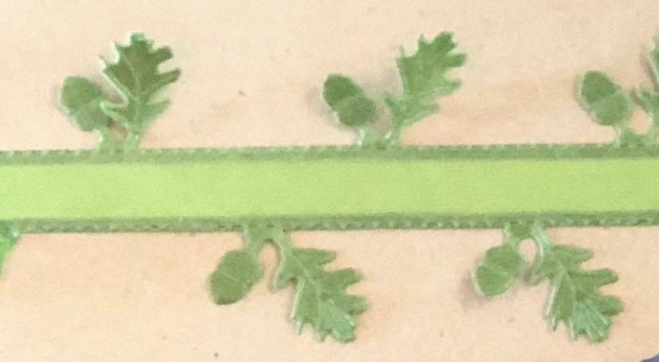Green Leaf & Acorn Ribbon, Woodland Organza Satin, 15 ft