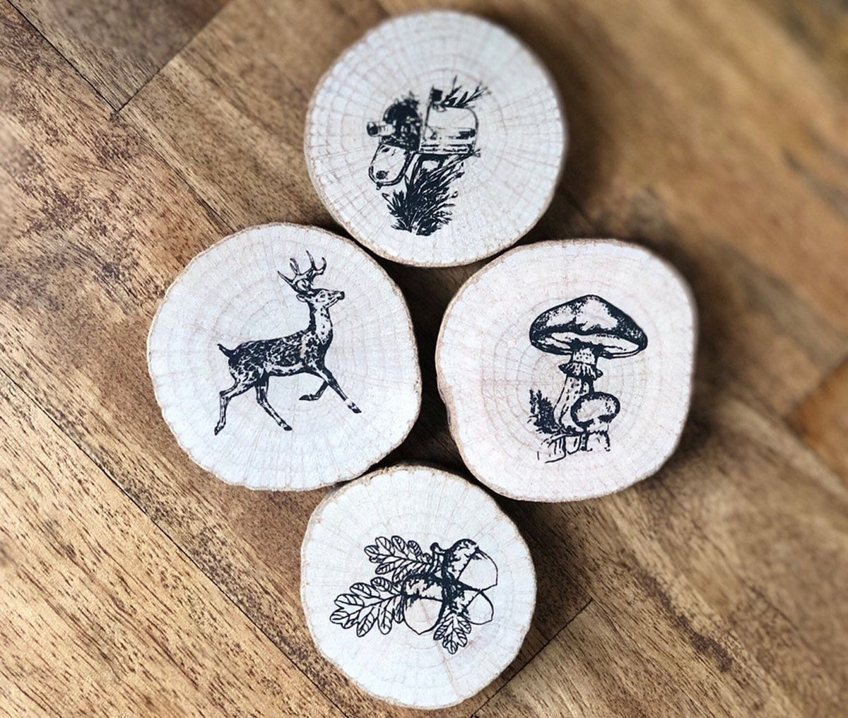 Fall Rubber Stamp Set: Wood Slice Stamps, Deer, Mushroom