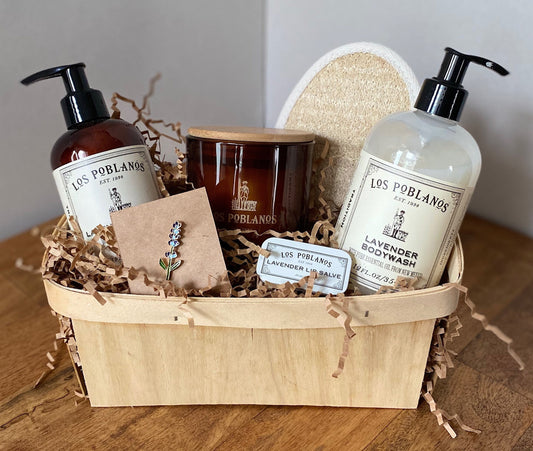 Lavender spa gift basket with Los Poblanos candle and lotion