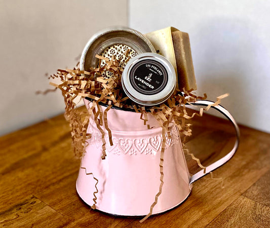 Pink metal pitcher gift set with lavender soap and photo frame